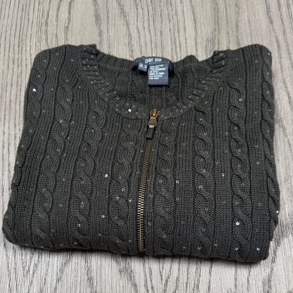 Per Se Olive Cable Knit Cardigan with Twinkling Micro Sequins - Size M - Picture 1 of 10
